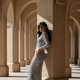 Adrianna Papell Gray 3/4 Sleeve Full Sequined Gown, Size 6