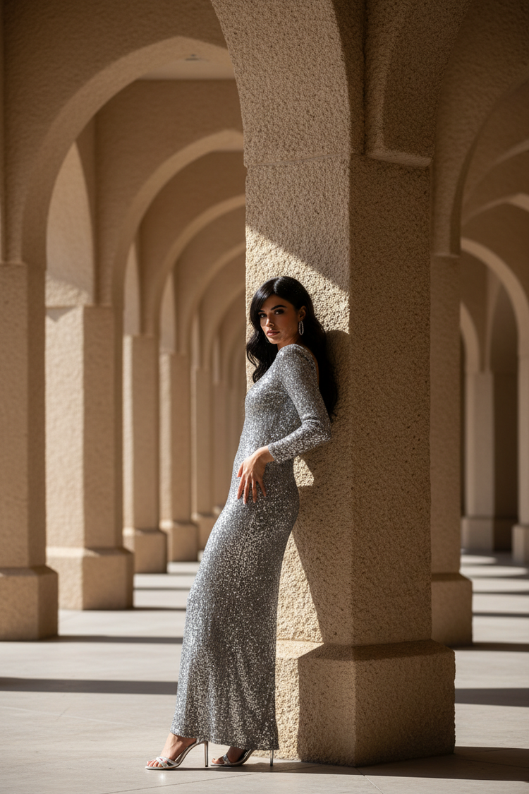 Adrianna Papell Gray 3/4 Sleeve Full Sequined Gown, Size 6