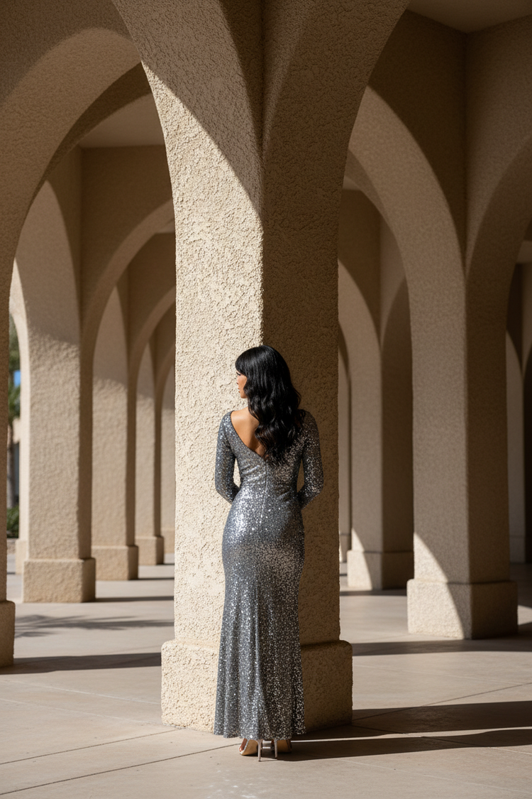 Adrianna Papell Gray 3/4 Sleeve Full Sequined Gown, Size 6