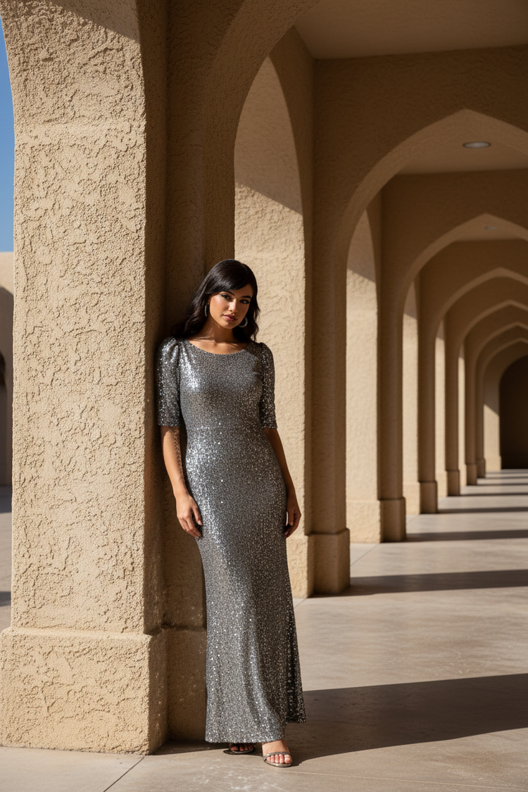 Adrianna Papell Gray 3/4 Sleeve Full Sequined Gown, Size 6