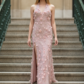 Pink Gown with  Sequin Flower Buds and Criss Cross Back, Size 8