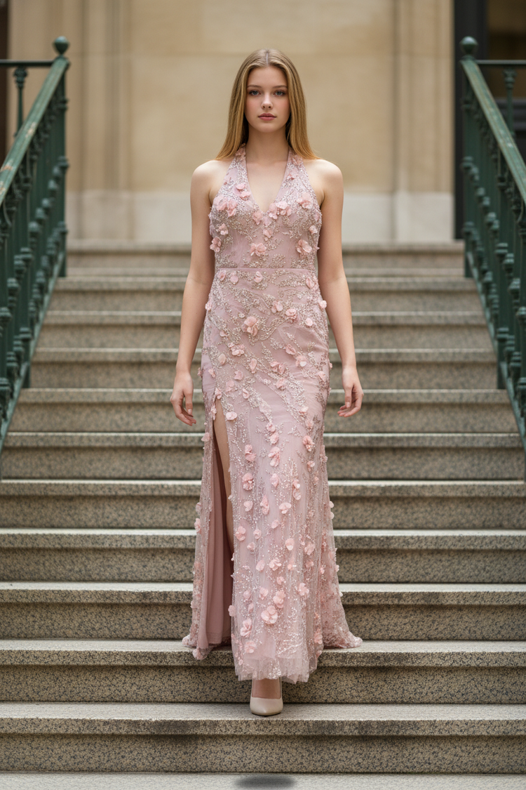 Pink Gown with  Sequin Flower Buds and Criss Cross Back, Size 8