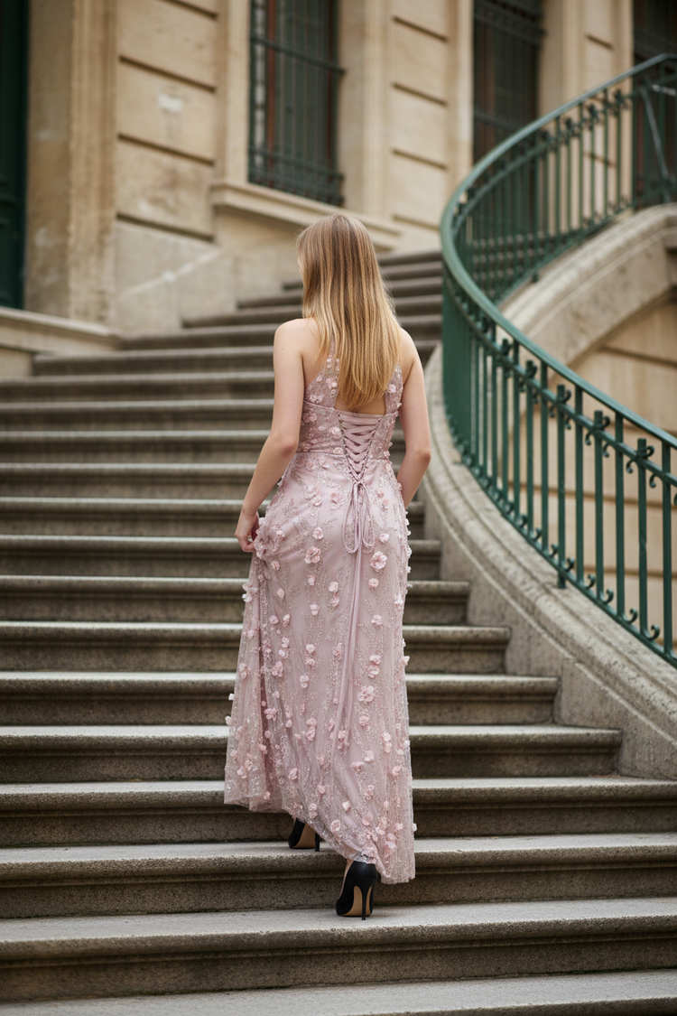 Pink Gown with  Sequin Flower Buds and Criss Cross Back, Size 8