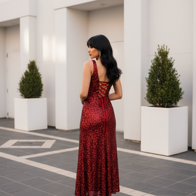 Red Sequined Velvet Gown with Full Skirt and Criss-Cross Back, Size 8