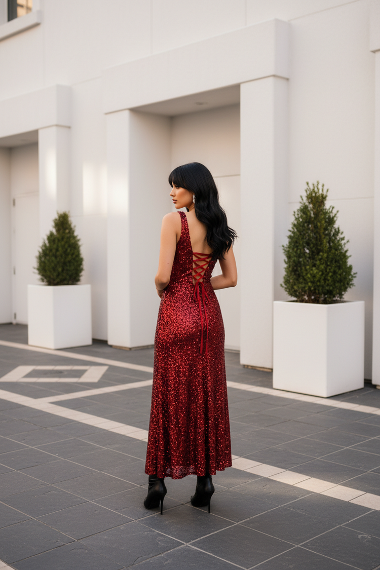 Red Sequined Velvet Gown with Full Skirt and Criss-Cross Back, Size S