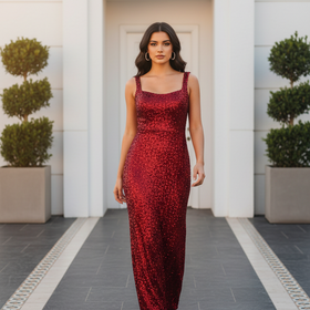 Red Sequined Velvet Gown with Full Skirt and Criss-Cross Back, Size 8