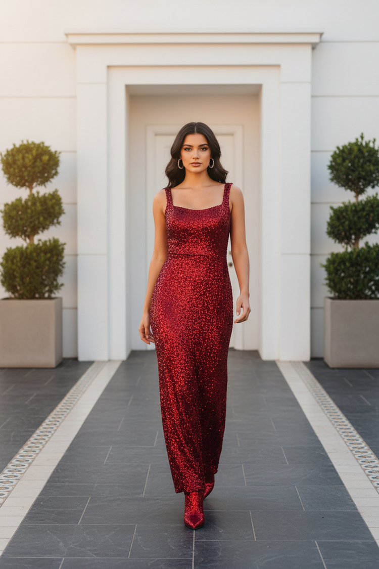 Red Sequined Velvet Gown with Full Skirt and Criss-Cross Back, Size S