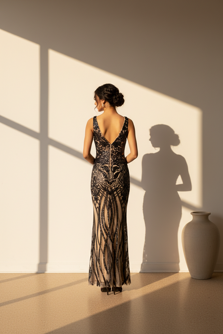 Nude and Black Sequin Patterned Gown, Size 4