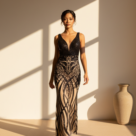 Nude and Black Sequin Patterned Gown, Size 4