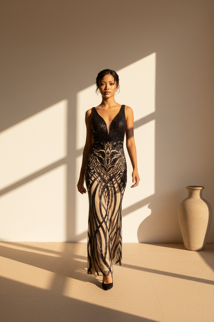 Nude and Black Sequin Patterned Gown, Size 4