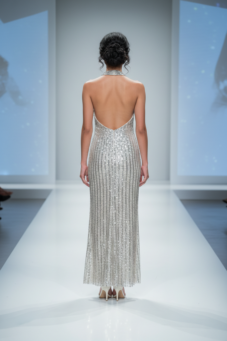 Beige Fully Silver Sequined Halter Gown with Side Slit