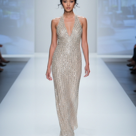 Beige Fully Silver Sequined Halter Gown with Side Slit