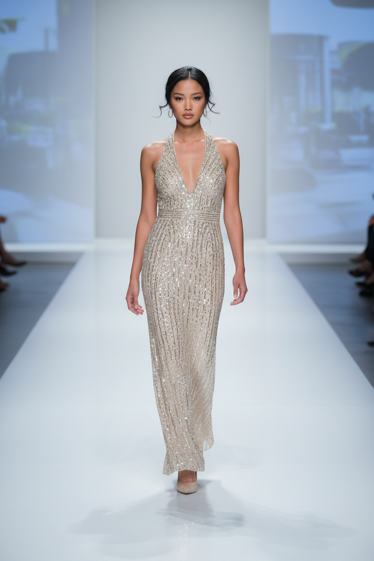 Beige Fully Silver Sequined Halter Gown with Side Slit