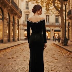 Black Velvet L-Sleeve Slit Gown with Pearl Jewel Neckline,Size XS