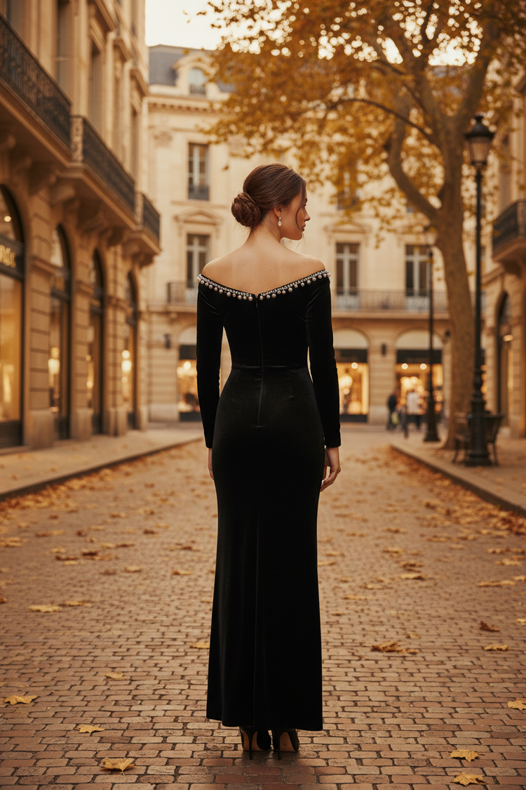 Black Velvet L-Sleeve Slit Gown with Pearl Jewel Neckline,Size XS