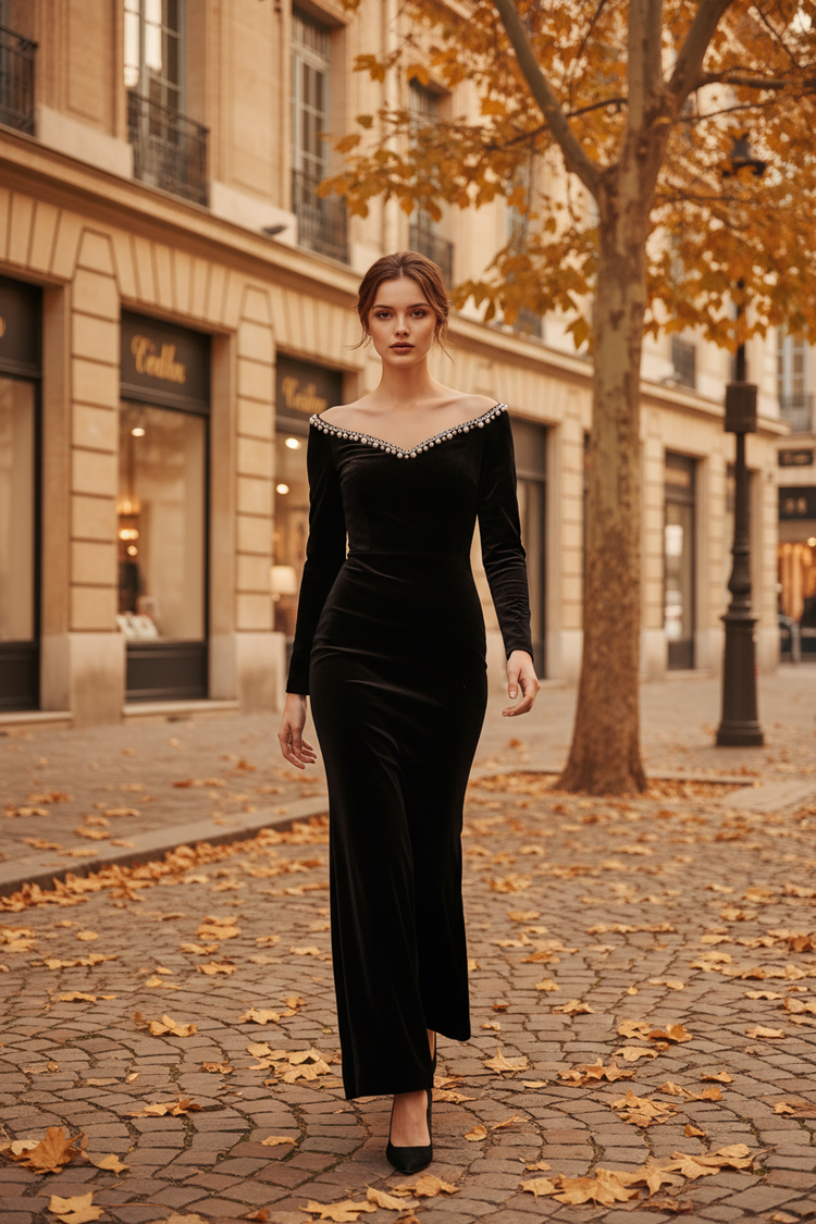 Black Velvet L-Sleeve Slit Gown with Pearl Jewel Neckline,Size XS
