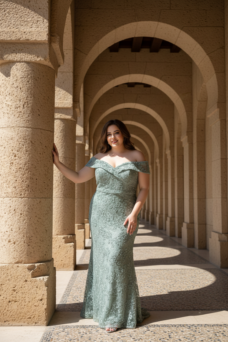 Xscape Sage Cold Shoulder Floral Lace Gown, Size 22W