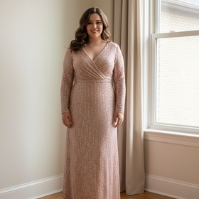 Mac Duggal Pink Long Sleeve V-Neckline Full Sequin Slitted Gown, Size 16