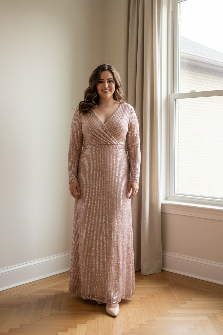 Mac Duggal Pink Long Sleeve V-Neckline Full Sequin Slitted Gown, Size 16