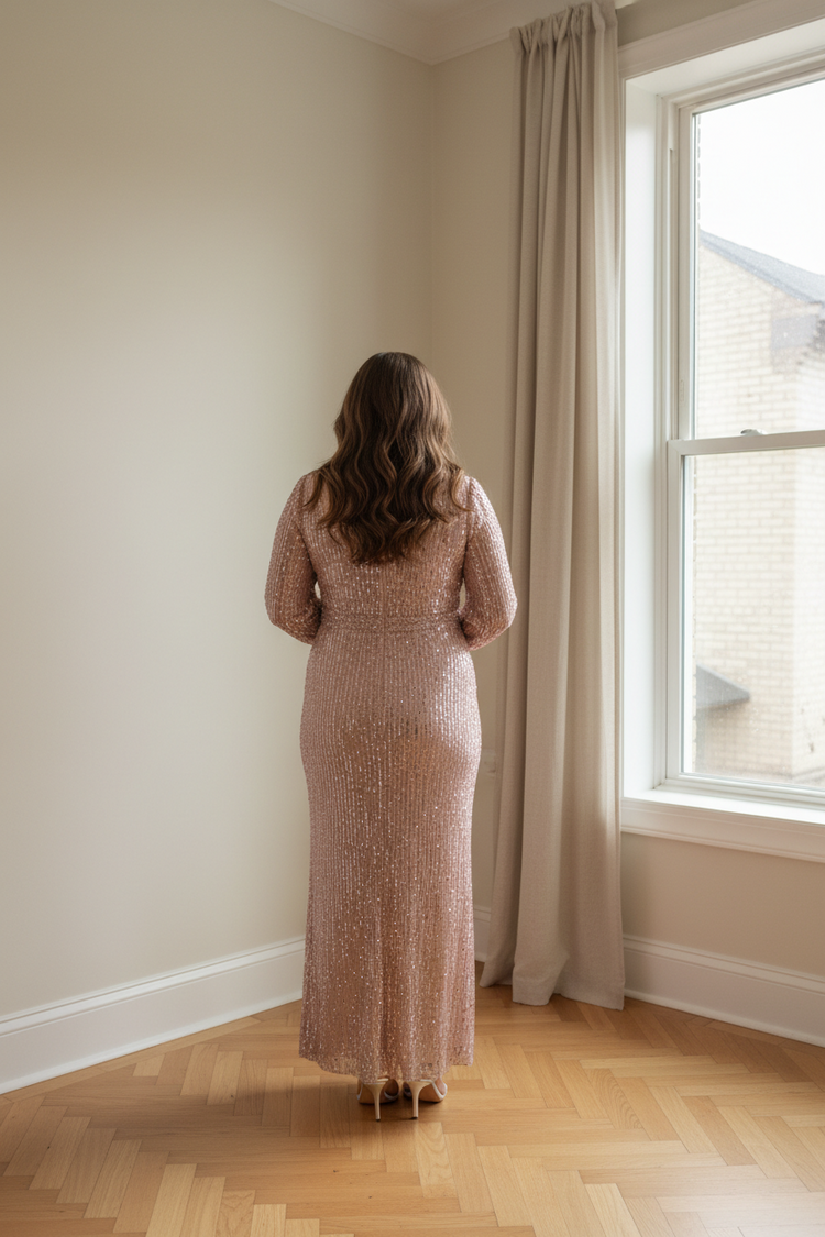 Mac Duggal Pink Long Sleeve V-Neckline Full Sequin Slitted Gown, Size 16