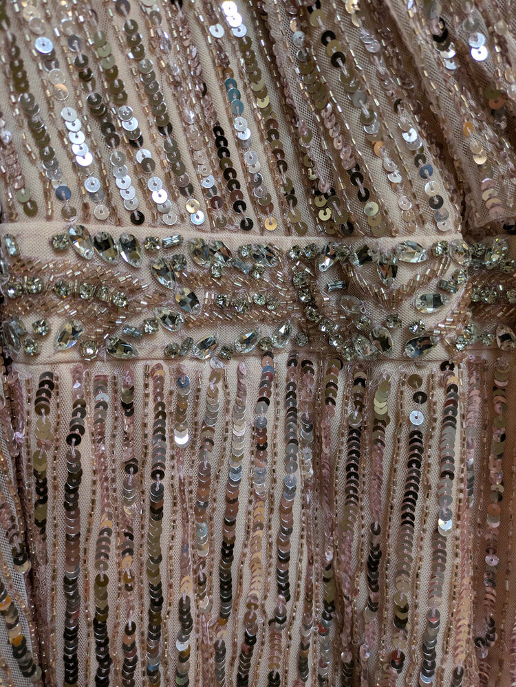 Mac Duggal Pink Long Sleeve V-Neckline Full Sequin Slitted Gown, Size 16