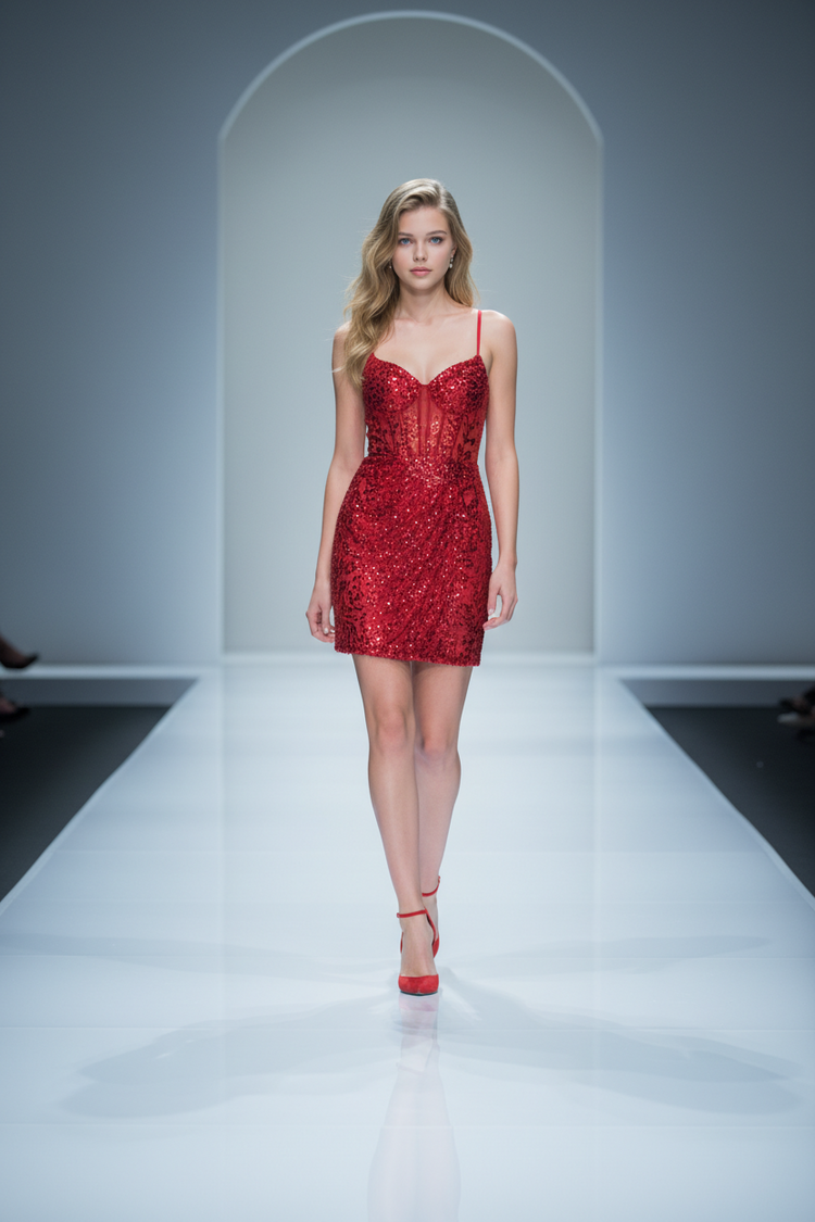 Red Sequined Velvet Ruched Dress with Corset Style Front, Size 2