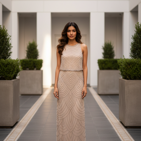 Adrianna Papell Nude Beaded Halter Gown, Size 6