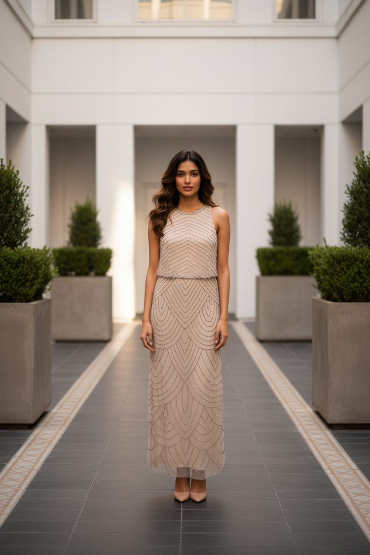 Adrianna Papell Nude Beaded Halter Gown, Size 6