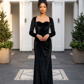 Black Velvet Gown with Side Twist and Slit, Size 6