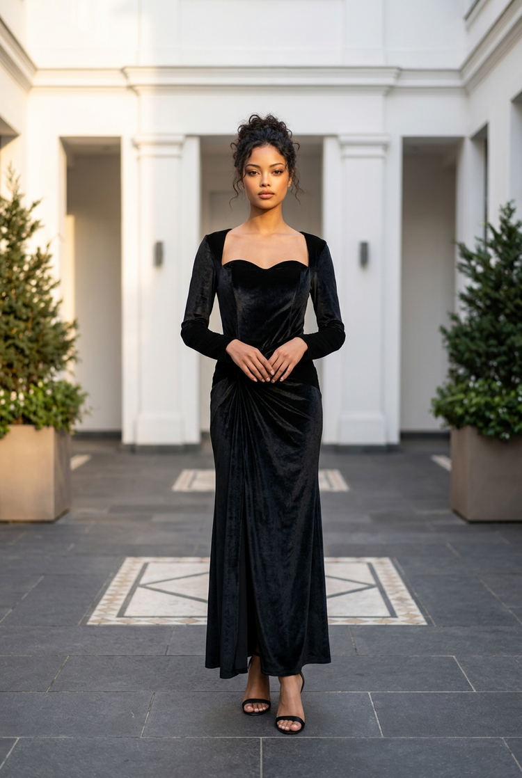 Black Velvet Gown with Side Twist and Slit, Size 6