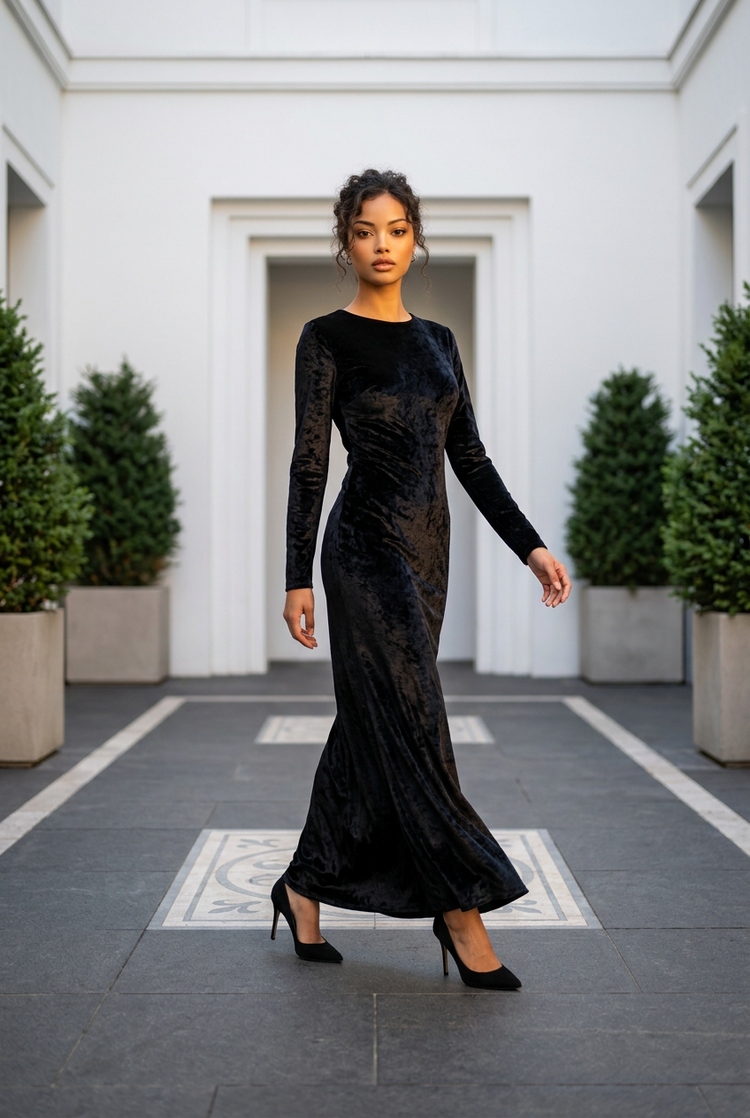 Black Velvet Gown with Side Twist and Slit, Size 6