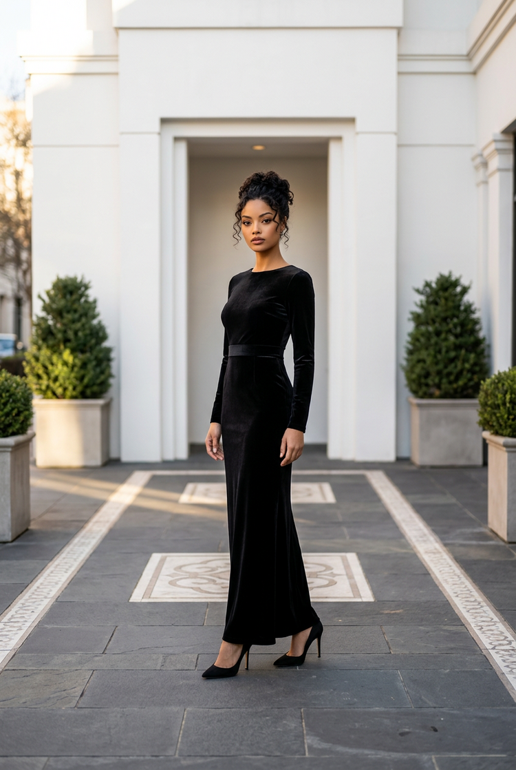 Black Velvet Gown with Side Twist and Slit, Size 6