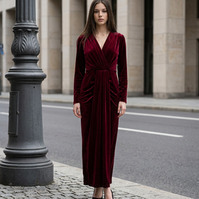 Red Velvet Long Sleeve Grecian-Style Gown, Size M