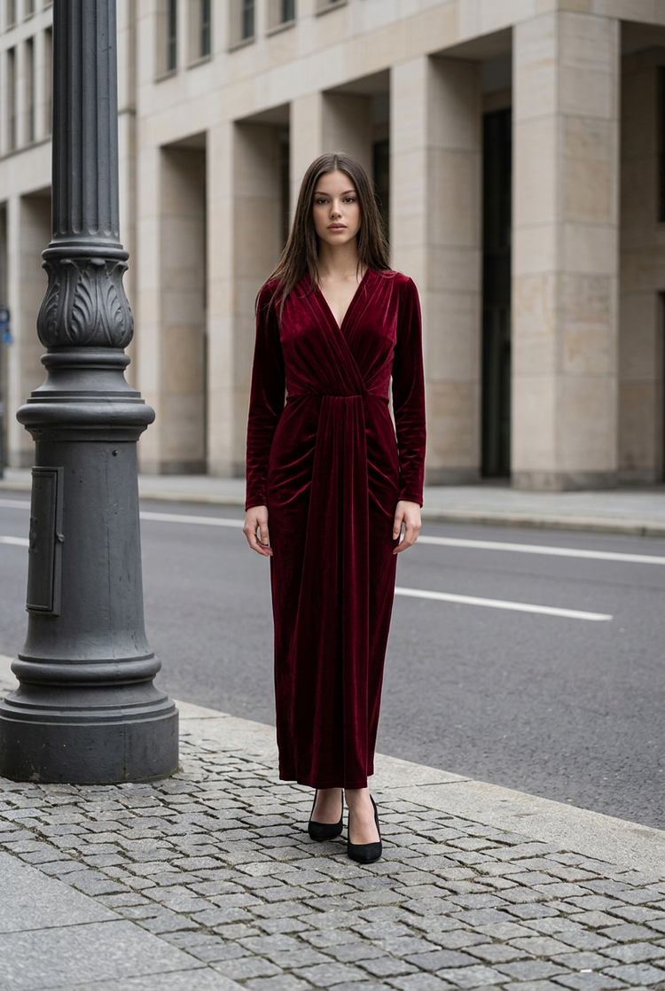 Red Velvet Long Sleeve Grecian-Style Gown, Size M