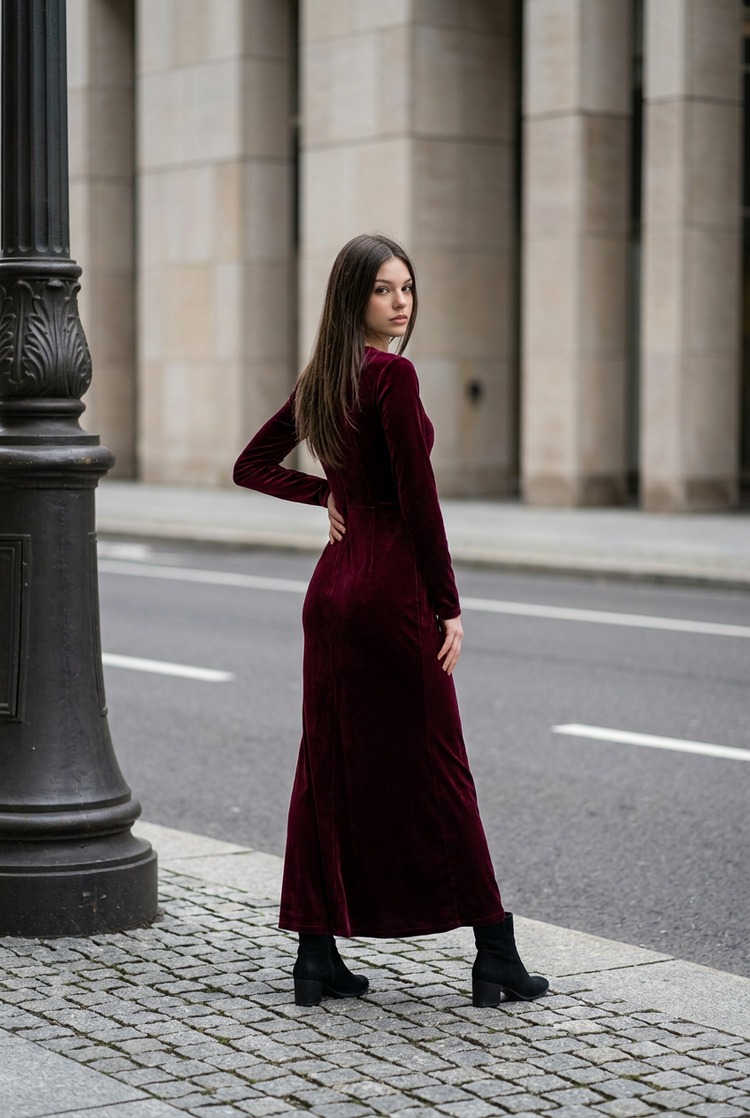 Red Velvet Long Sleeve Grecian-Style Gown, Size M