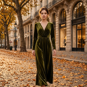 Moss Green Velvet Long Sleeve Grecian-Style Gown, Size 10