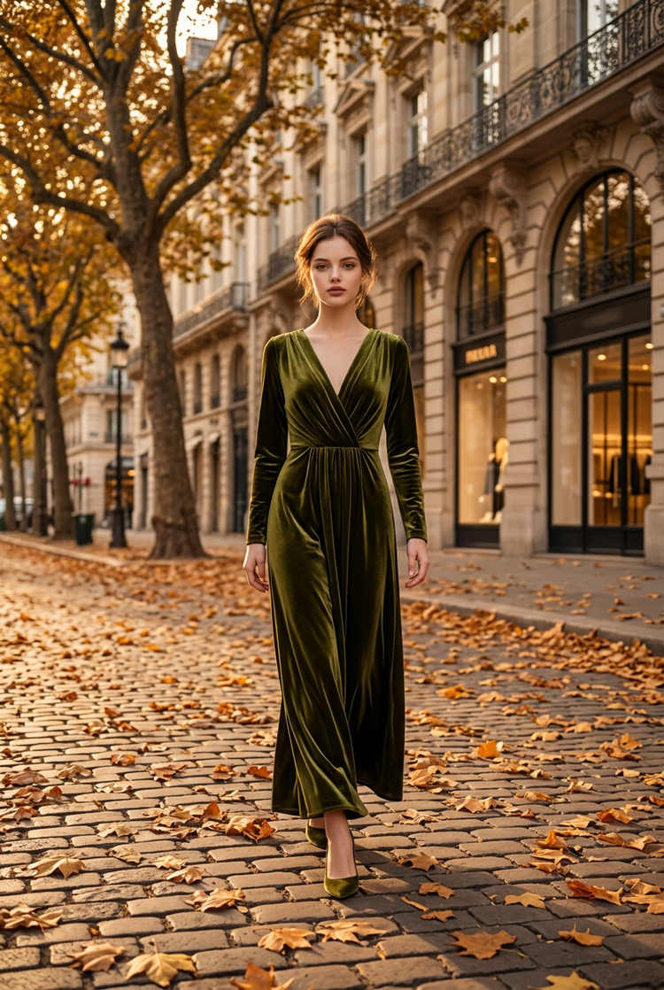 Moss Green Velvet Long Sleeve Grecian-Style Gown, Size 10