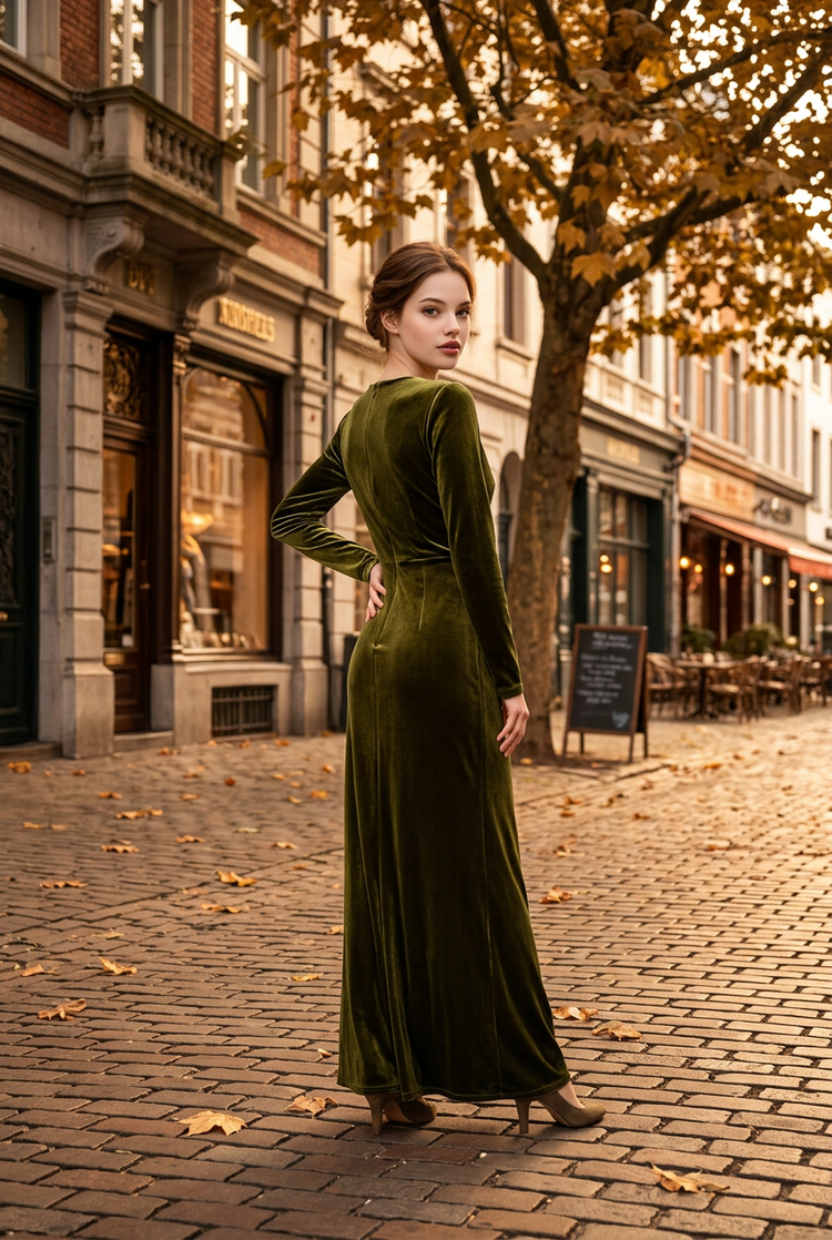 Moss Green Velvet Long Sleeve Grecian-Style Gown, Size 10