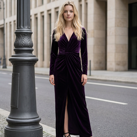 Purple Velvet Twist Front Gown with Center Slit, Size 4