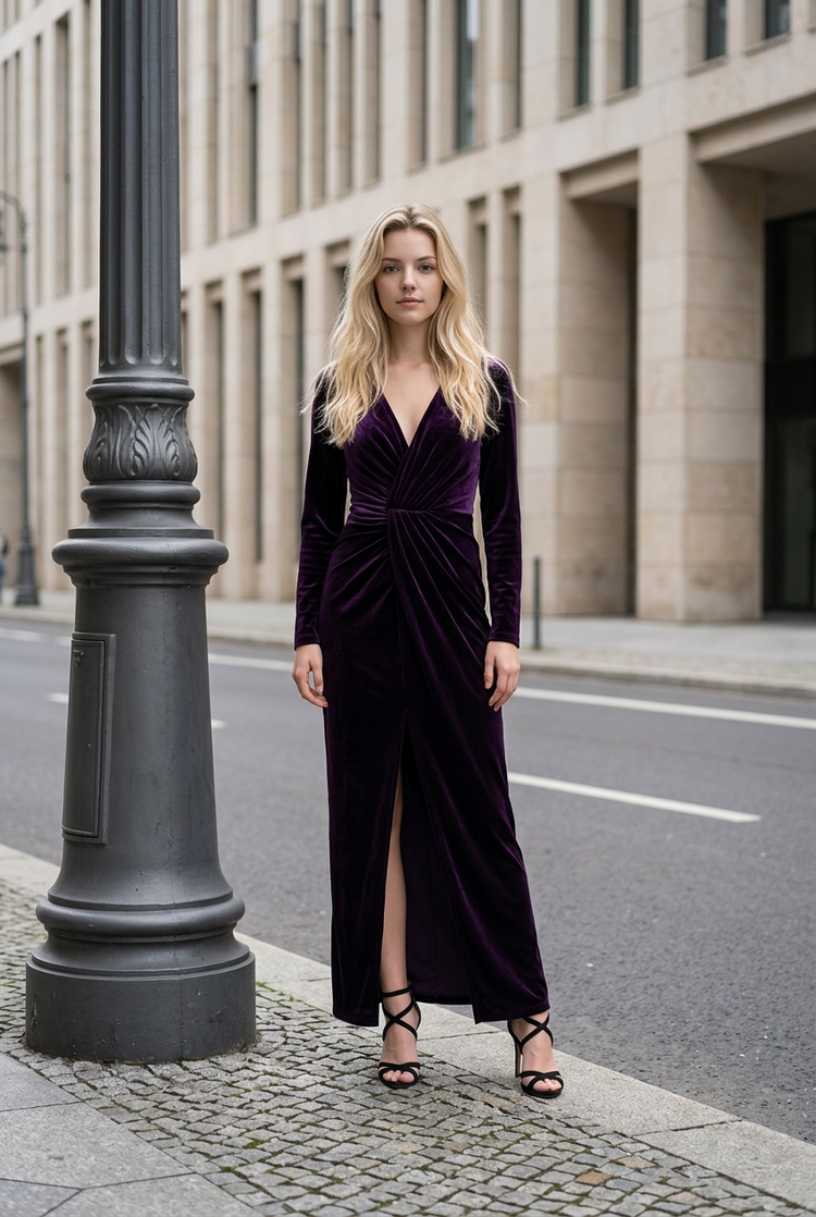 Purple Velvet Twist Front Gown with Center Slit, Size 4