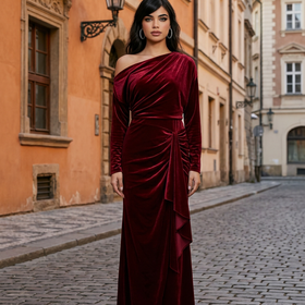 Red Velvet Off One Shoulder Gown with Ruching Detail, Size 8