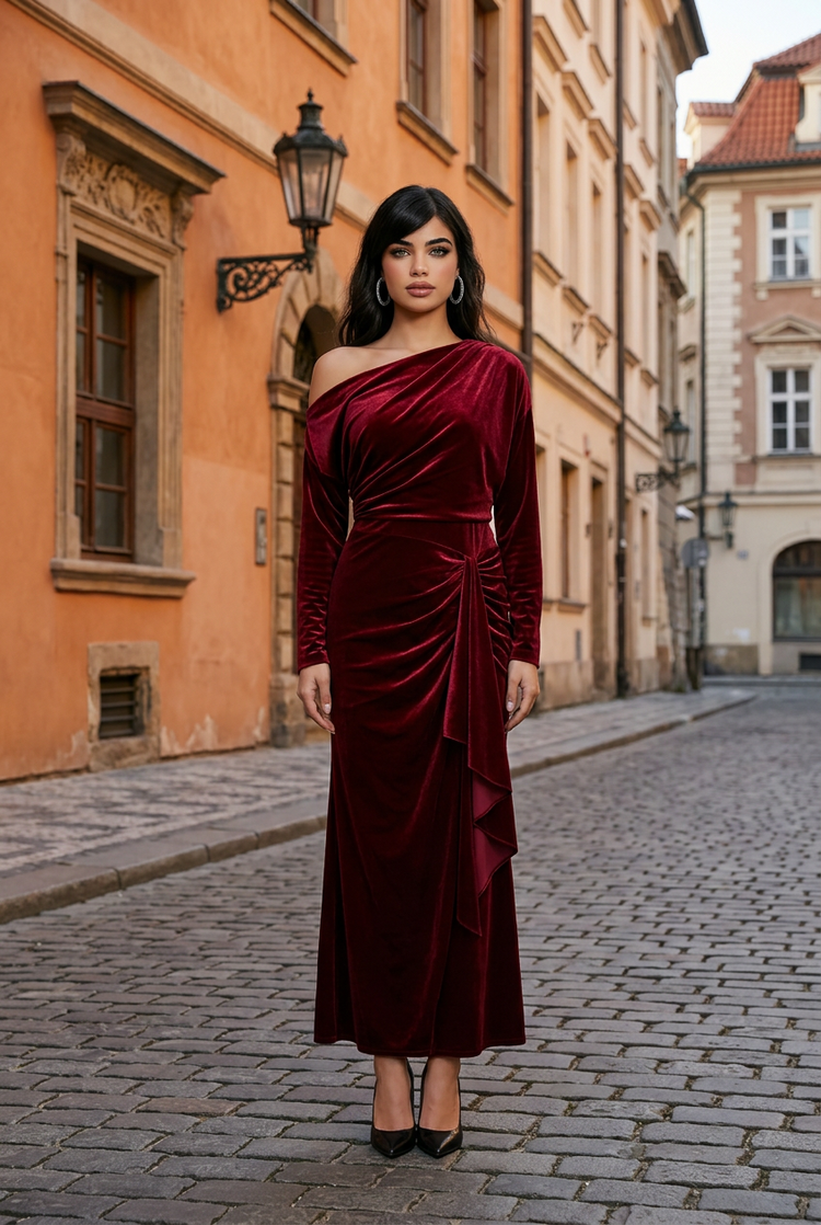 Red Velvet Off One Shoulder Gown with Ruching Detail, Size 8