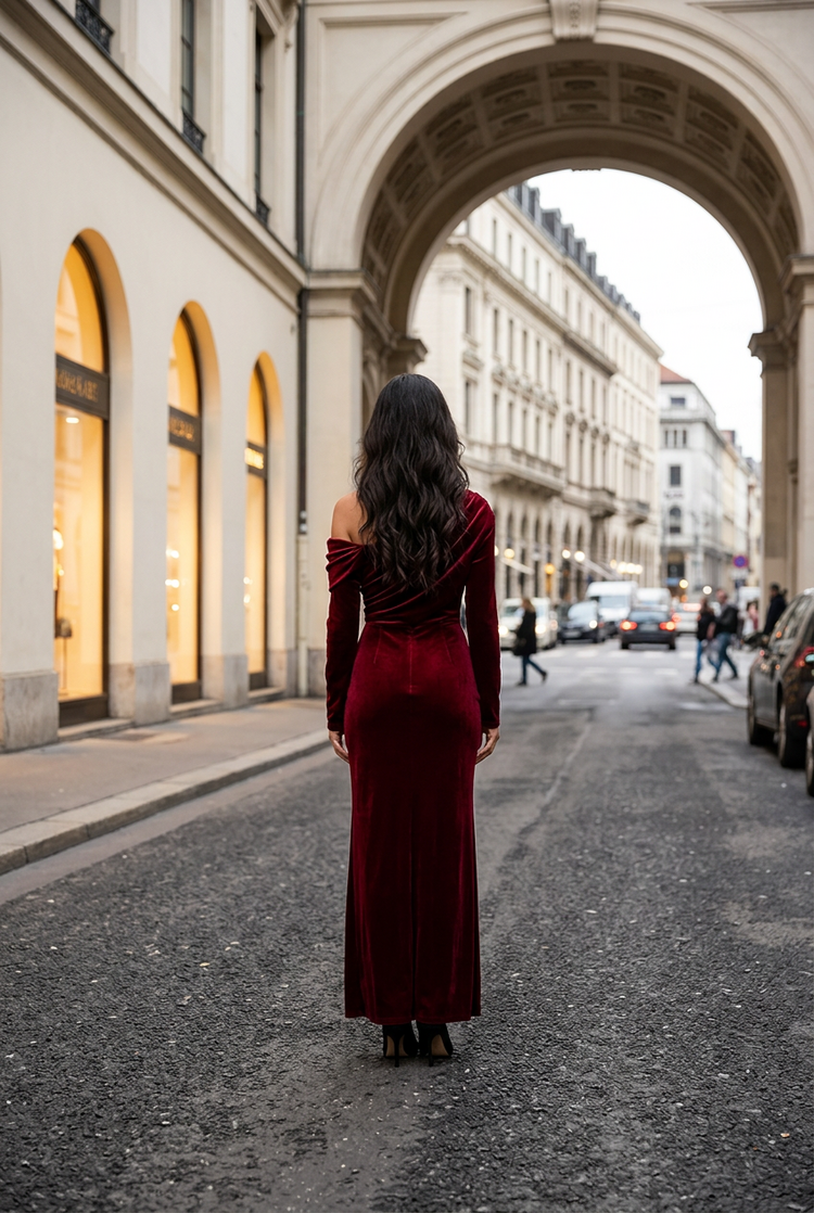 Red Velvet Off One Shoulder Gown with Ruching Detail, Size 8