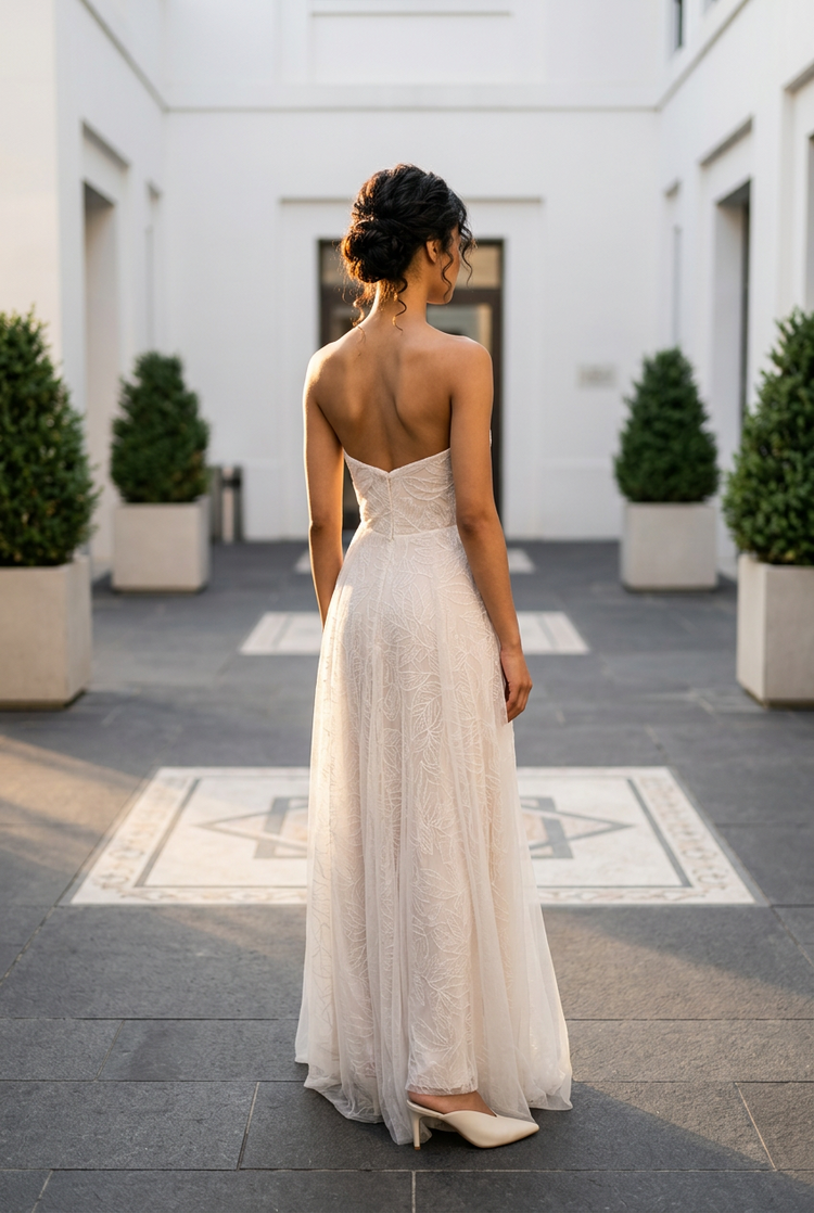 Alfred Angelo Nude Gown with Leaf Pattern and Mesh Overlay, Size 8