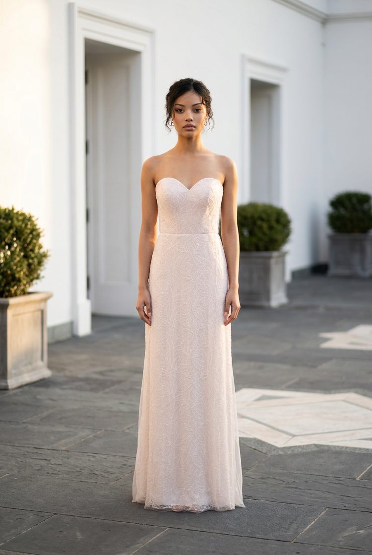 Alfred Angelo Nude Gown with Leaf Pattern and Mesh Overlay, Size 8