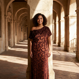 Rust with Orange Floral Print Ruched Bodice Gown, Size 16W