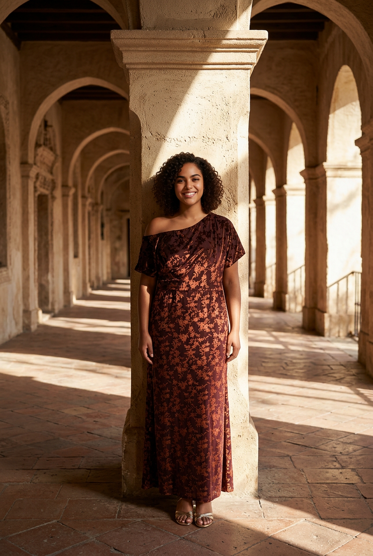 Rust with Orange Floral Print Ruched Bodice Gown, Size 16W