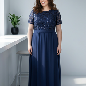 Navy Beaded Floral Beaded Top Gown, Size XXL