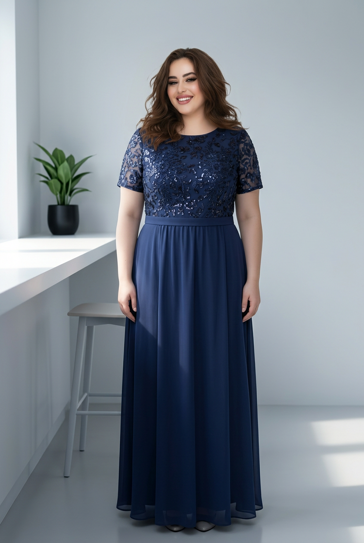 Navy Beaded Floral Beaded Top Gown, Size XXL