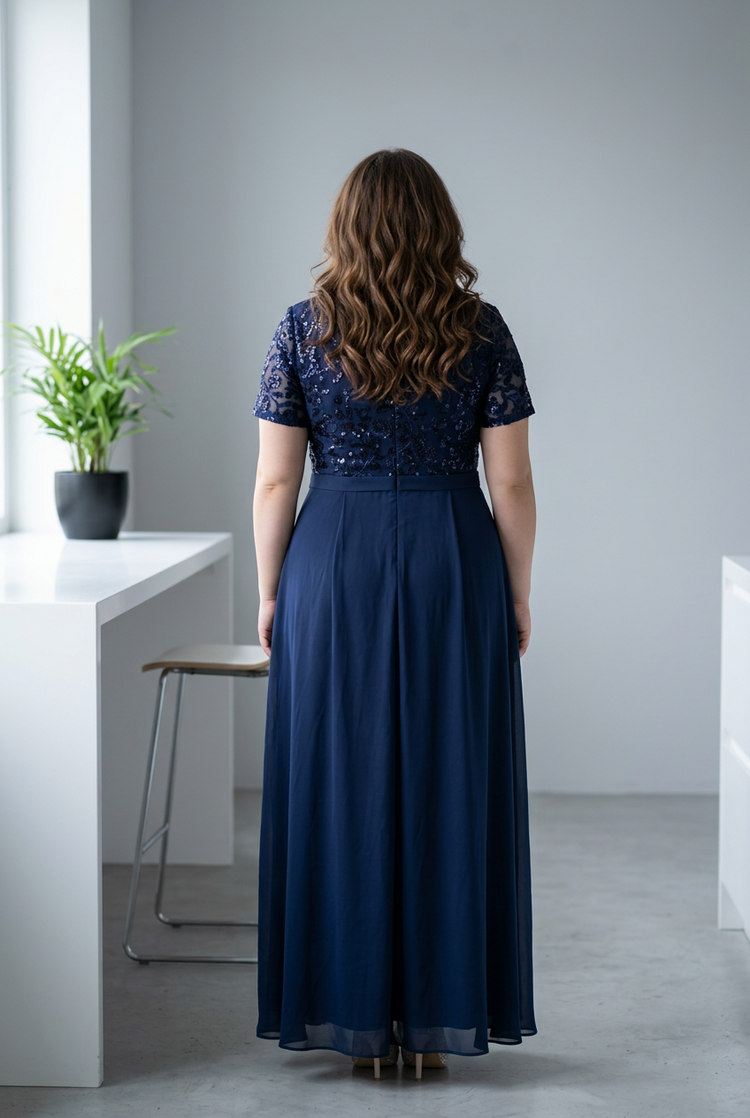 Navy Beaded Floral Beaded Top Gown, Size XXL